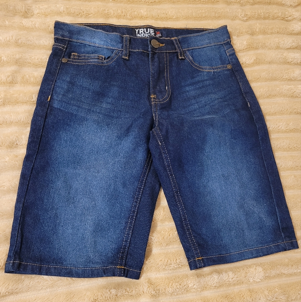 Indigo Blue Denim Shorts with Distressed Details